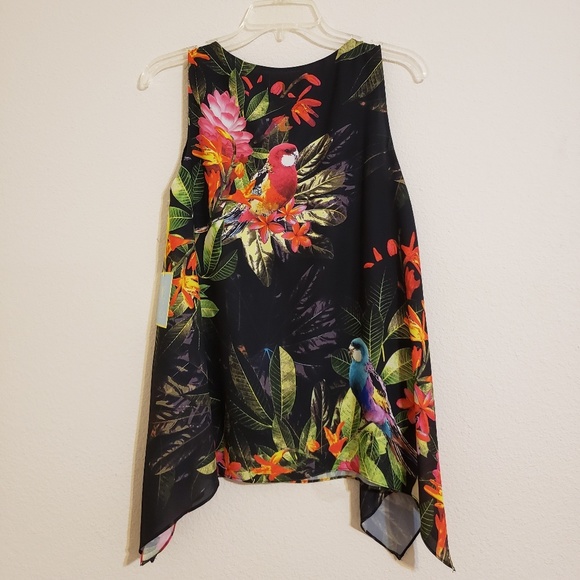 CeCe Tropical Bird Sleeveless Black Tank Blouse - Picture 2 of 6
